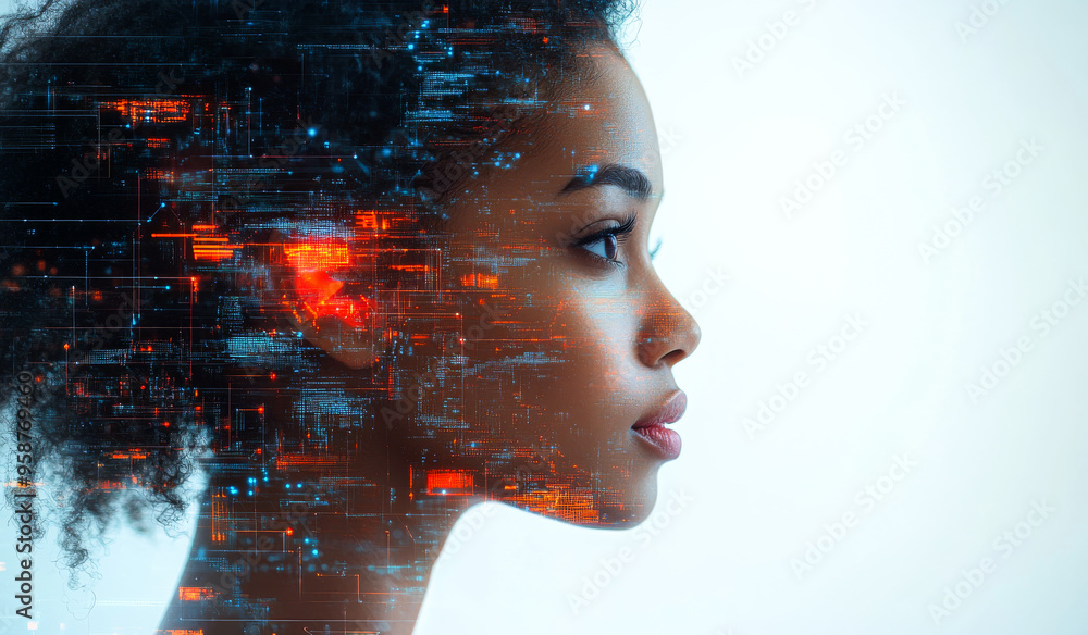 Poster a woman's face is shown in a computer generated image with a cityscape in the background. the image 