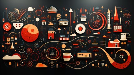 Obraz premium Abstract Cityscape with Geometric Shapes and Swirls