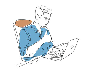 line art of a person working on laptop showing thums up isolate white background.Minimal art illustraion.