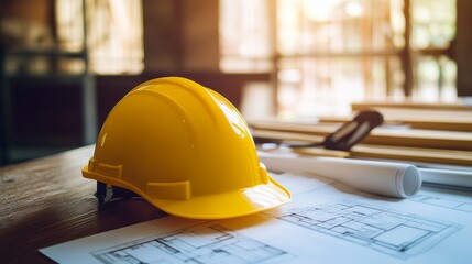 A close-up of a yellow hard hat on construction plans, symbolizing safety and planning in a building project.