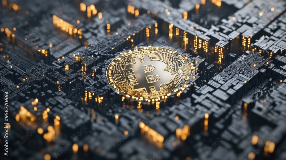 Poster a 3d rendering of bitcoin surrounded by blockchain symbols, depicting the digital currency's place i