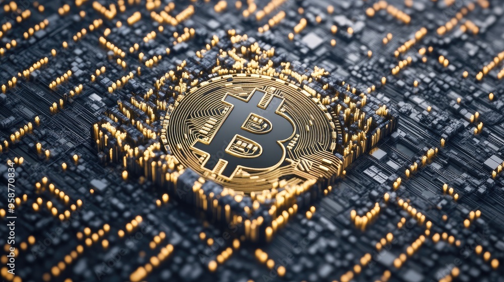 Poster a 3d rendering of bitcoin surrounded by blockchain symbols, depicting the digital currency's place i