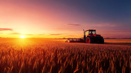 Fototapeta premium A red tractor stands in a field of wheat at sunset. The sun is setting behind the tractor, casting a warm glow over the scene.
