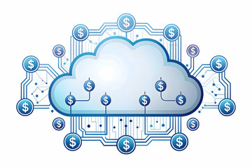 Flat AI Cloud and Dollar Path Frame: Innovative Financial Management Concept with Smart Business Tone. Save Costs with Cloud Technology Icons and Flowing Dollar Paths in Sleek Vector Illustration. Ide