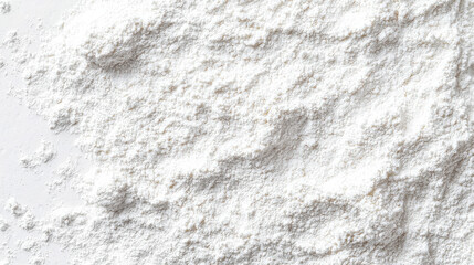 A detailed view of fine white powder spread across a flat surface, capturing the soft and delicate texture, and resembling the look of flour, ideal for culinary or artistic purposes.
