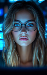 A woman with long blonde hair and glasses is staring at the camera. The image has a moody and mysterious feel to it, as if the woman is looking into a dark and unknown place