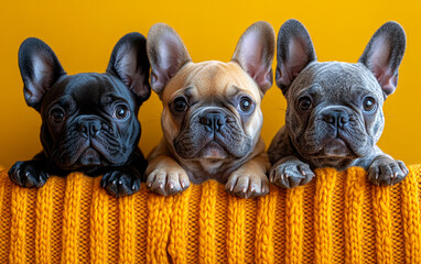 Fototapeta premium Three puppies are sitting on a yellow blanket, looking at the camera. Concept of warmth and companionship, as the puppies seem to be enjoying each other's company