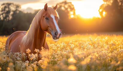 Obraz premium A brown horse is laying in a field of yellow flowers. The sun is setting in the background, casting a warm glow over the scene. The horse appears to be relaxed and content