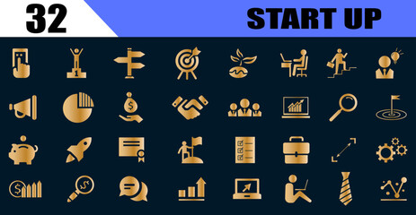 Startup management business icon set. Containing innovation, business plan, investment, launch, funding, investor and entrepreneurship icons. gold icons.