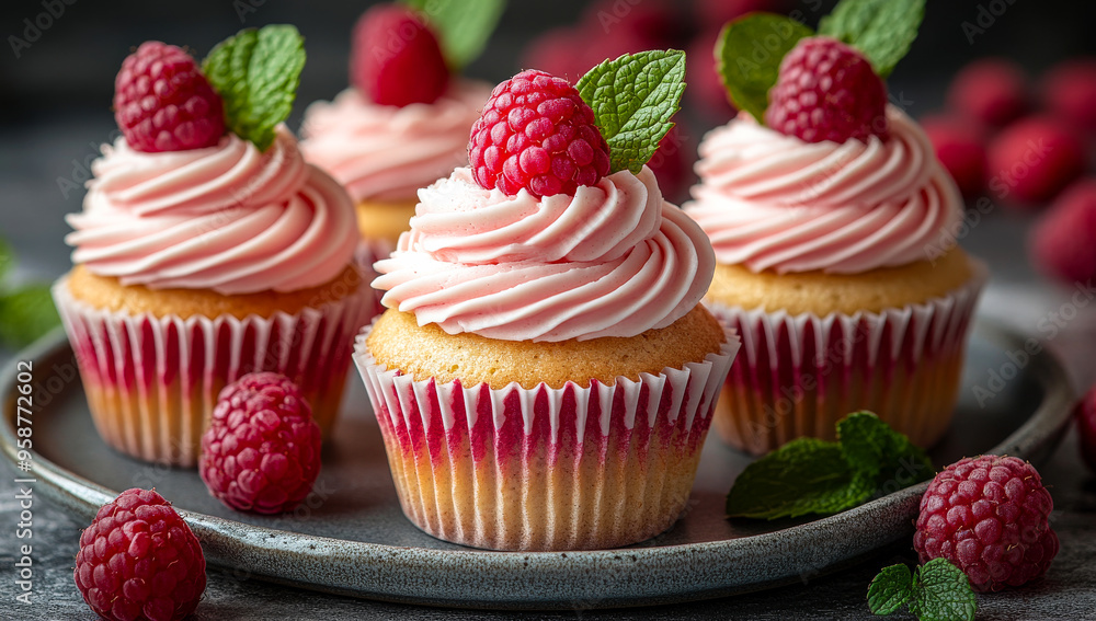 Poster a plate of cupcakes with pink frosting and raspberries on top. the cupcakes are arranged in a row an