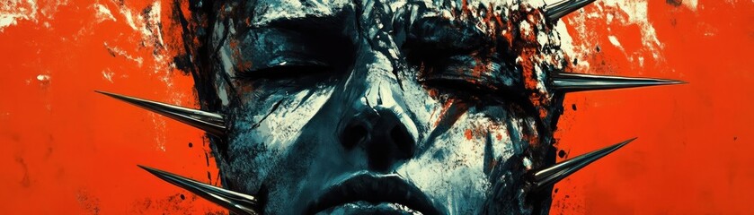 An intense artistic expression featuring a dark face, spikes, and vibrant red background, evoking strong emotions and themes.