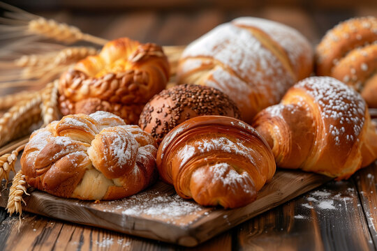 Various sweet breads and pastries on a wooden table.