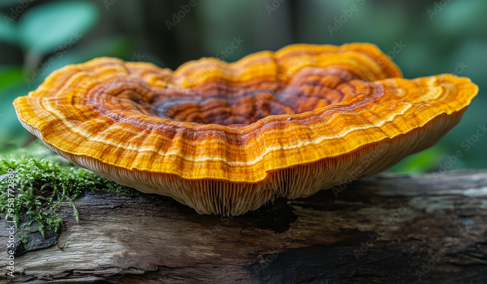Poster a large mushroom with a brown and orange cap sits on a log. the mushroom is surrounded by moss and h