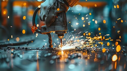 close-up of a welding machine in action, emitting bright sparks during the metalwork process. The image captures the intensity and precision of industrial work, showcasing the beauty of craftsmanship.