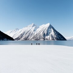 Frozen lake with snowcovered mountains in the background skaters gliding on the ice crisp and clear winter day peaceful and refreshing blue and white palette