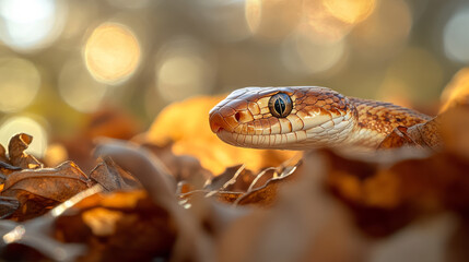 Obraz premium Close-up Photography of a Snake Among Autumn Leaves During Golden Hour