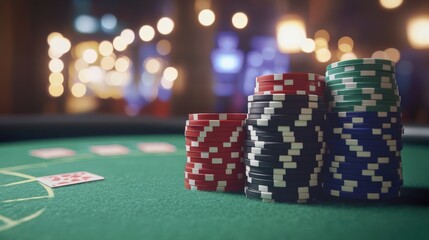 Naklejka premium A variety of poker chips are arranged in tall stacks on a green felt table, creating an inviting atmosphere in a bustling casino filled with soft, warm lights