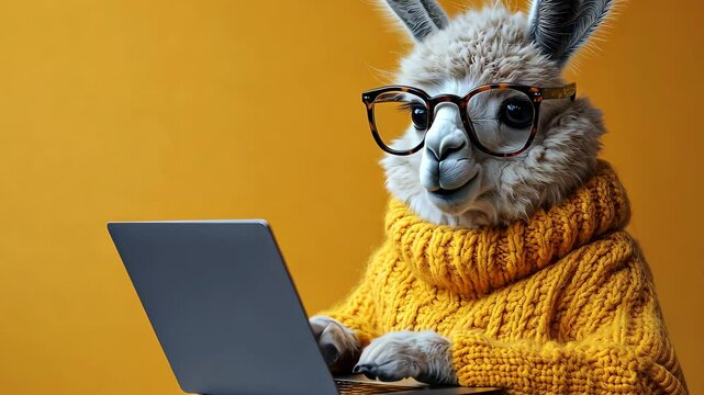 Funny llama wearing glasses and a sweater using a laptop