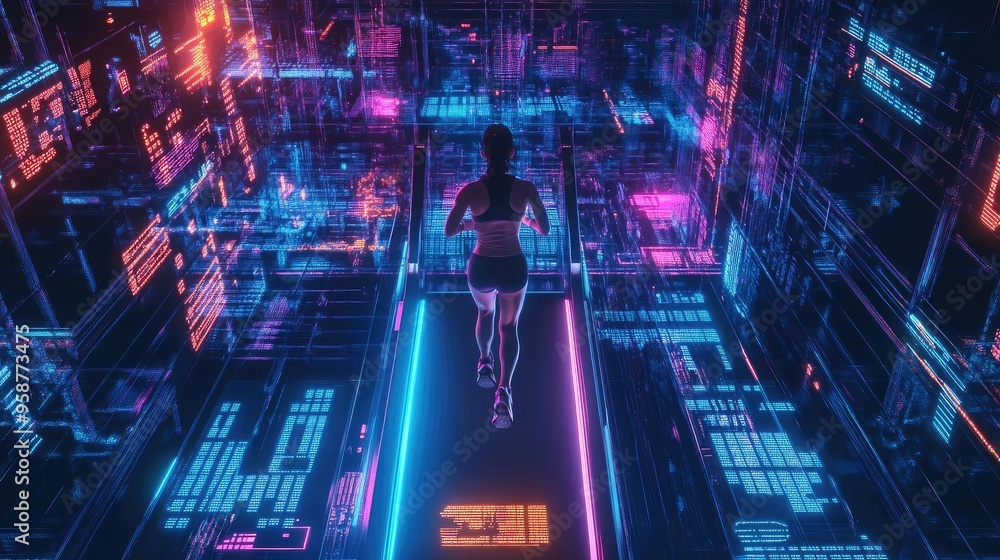 Poster a futuristic scene featuring a runner jogging through a neon-lit digital environment, exploring tech