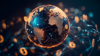 Digital global financial network with currency symbols
