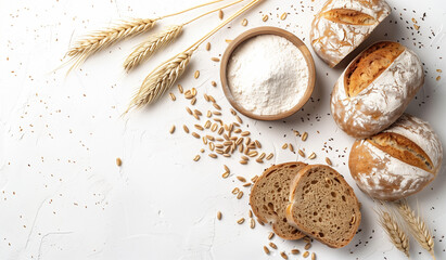 White background with wheat and flour next to whole grain bread.