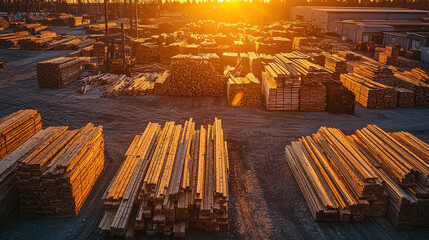This photograph depicts a lumber yard at sunset, with neatly stacked piles of wood bathed in golden light, capturing the industrial atmosphere and a sense of hard work.