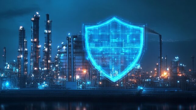 A futuristic industrial scene featuring a glowing digital shield, symbolizing cyber security and protection in an urban landscape.