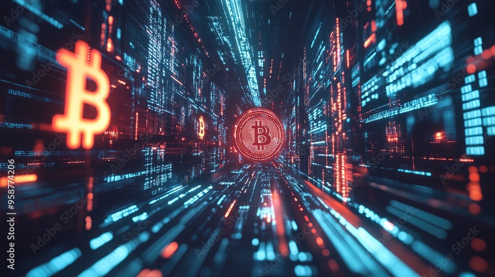 Poster a high-tech visual of bitcoin with blockchain networks, emphasizing its market significance in a fut