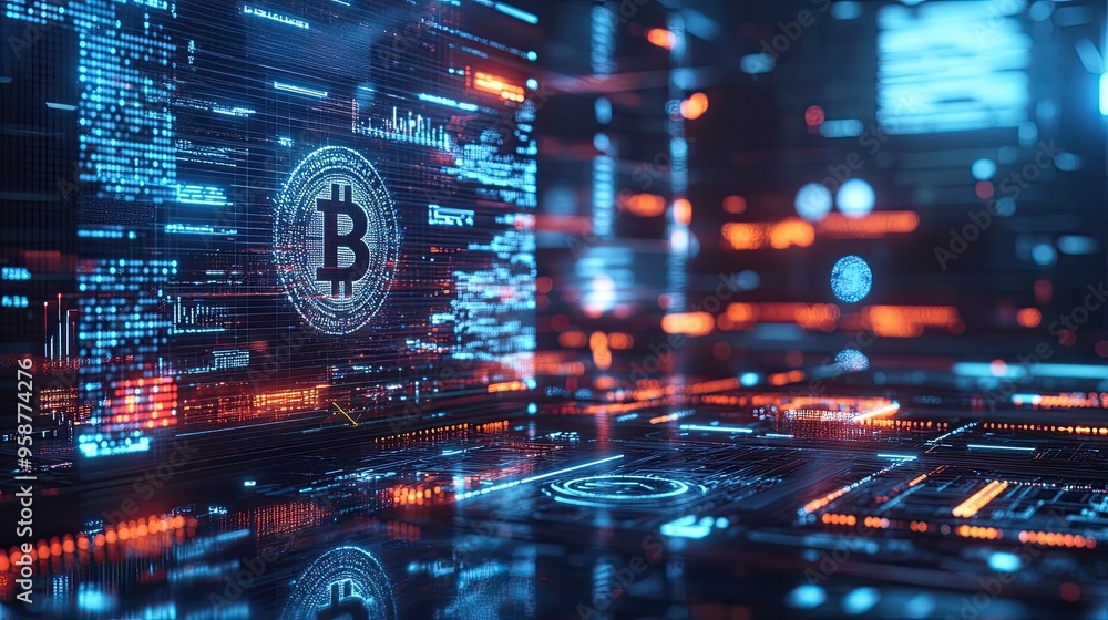 Poster a high-tech visual of bitcoin with blockchain networks, emphasizing its market significance in a fut