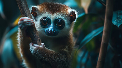 Naklejka premium Close-up of a Lemur in Its Natural Tropical Forest Habitat