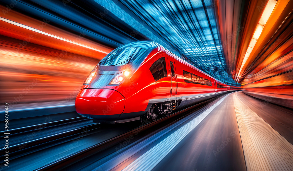 Poster a red train is speeding through a tunnel. the train is moving so fast that it is blurred. the tunnel