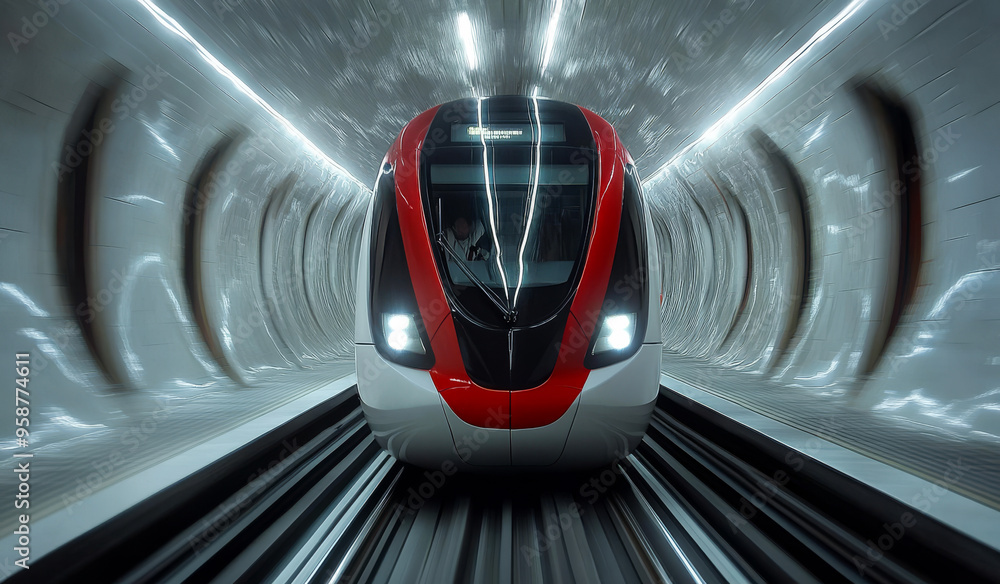 Poster a train is traveling through a tunnel. the tunnel is dark and the train is the only light source