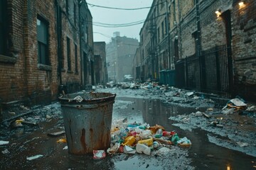 Fototapeta premium Trash-Filled Alleyway with Overflowing Garbage Bin