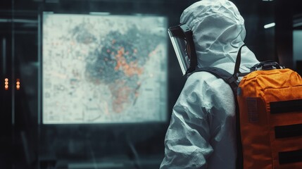 A scientist in protective equipment stands focused on a digital map displaying contamination data and hazardous zones within a research facility during nighttime
