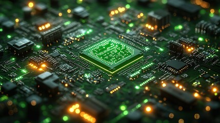 Obraz premium abstract backgroun with microchip glowing with green neon fluorescent light virtual reality matrix cyber network digital high tech wallpaper