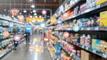 Abstract technology icons over a blurred supermarket aisle.