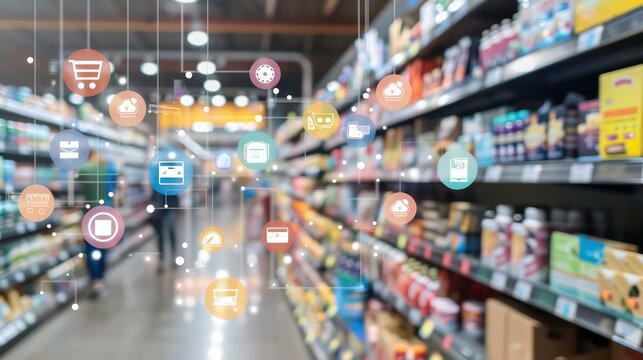Abstract technology icons over a blurred supermarket aisle.