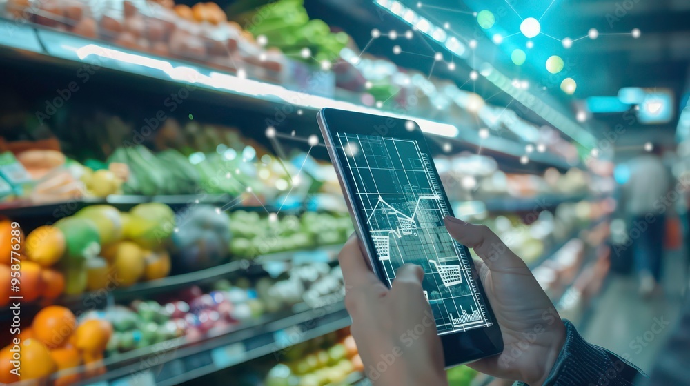 Poster a person uses a tablet to view data and charts in a supermarket aisle with produce in the background