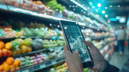 A person uses a tablet to view data and charts in a supermarket aisle with produce in the background.