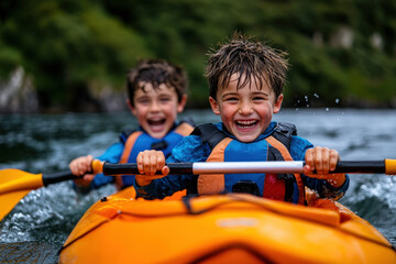 Two young boys in life jackets are kayaking in a river, both laughing and showing enthusiasm while enjoying their adventure on the water, under a bright sky.