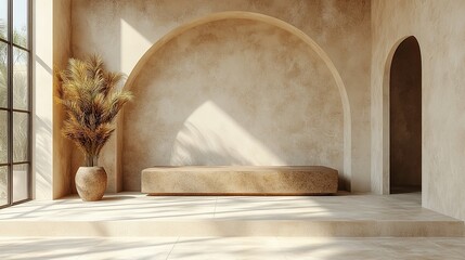 abstract beige backgroun with sunlight on the wall square frame an empty podium modern minimal showcase scene for product presentation