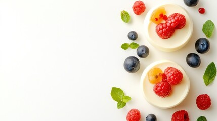 Two white chocolate mousse desserts topped with raspberries and blueberries, on a white background with copy space.