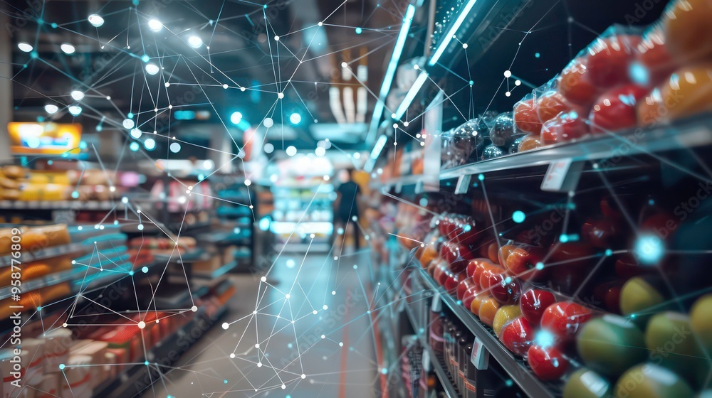 Poster abstract network of connection in a supermarket aisle with fruits and vegetables in the background.