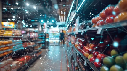 Abstract network of connection in a supermarket aisle with fruits and vegetables in the background.