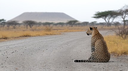 Obraz premium This majestic leopard sits attentively on lush grass in Masai Mara, observing its surroundings in the tranquility of the African landscape, highlighting its natural grace