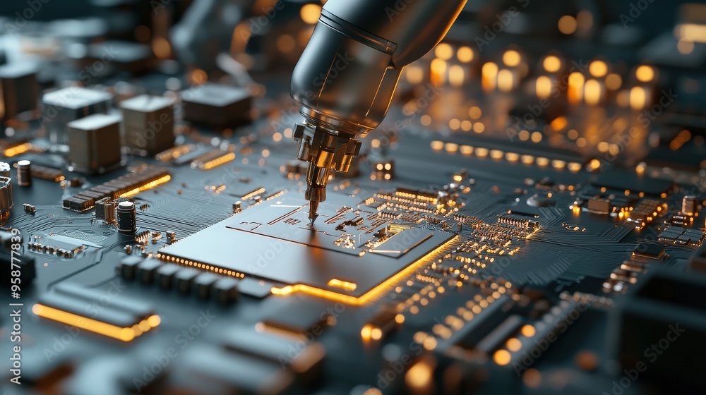 Poster an arm utilizes a precise tool to assemble intricate components on a complex circuit board in a well