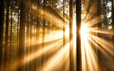 Bright morning light streaming through a forest, symbolizing the promise of a new day