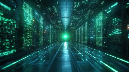 Obraz premium abstract cyber backgroun with green neon fluorescent lines glowing virtual reality matrix digital high tech wallpaper