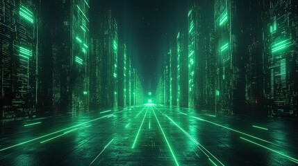 abstract cyber backgroun with green neon fluorescent lines glowing virtual reality matrix digital high tech wallpaper