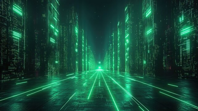 abstract cyber backgroun with green neon fluorescent lines glowing virtual reality matrix digital high tech wallpaper
